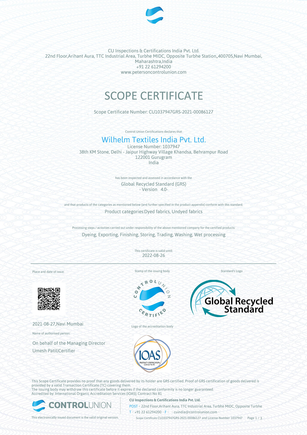 GRS Scope Certificate